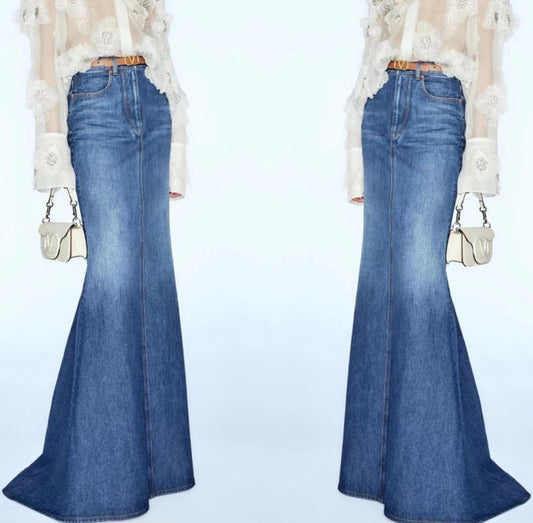 Denim Fishtail Maxi Skirt