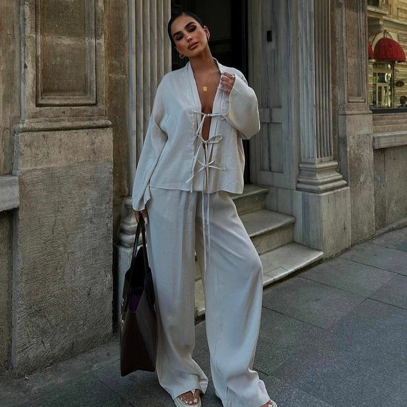 2pc Front Tie Long Sleeve Pant Set