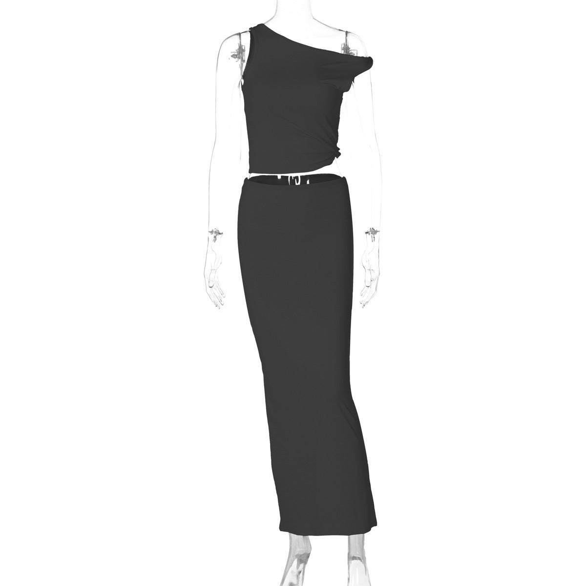 2pc Twist Shoulder Crop Skirt Set