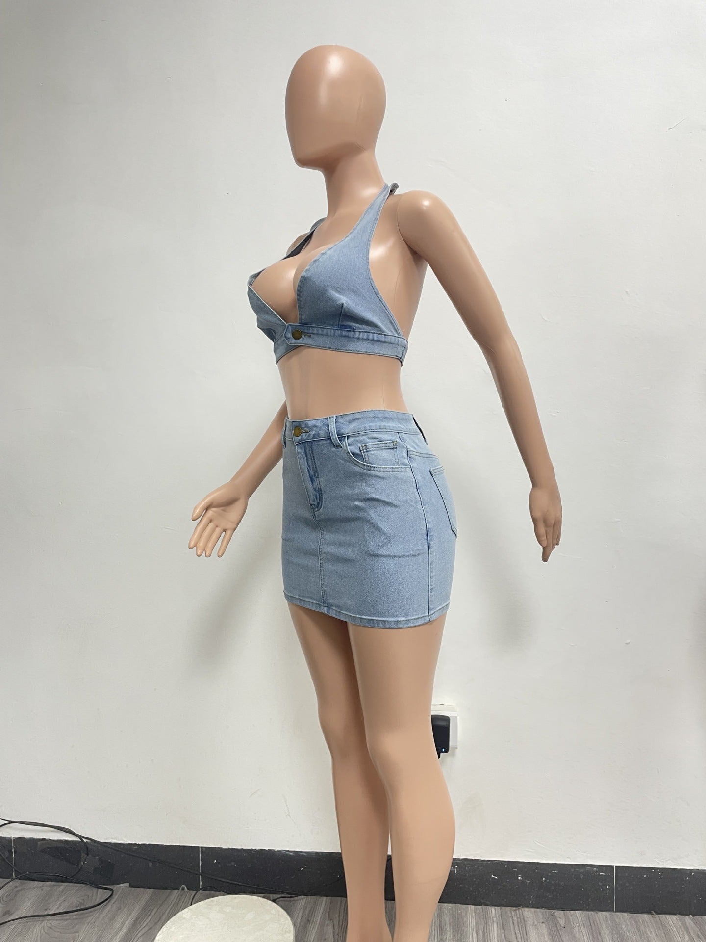 2pc Stretch Denim Halter Skirt Set