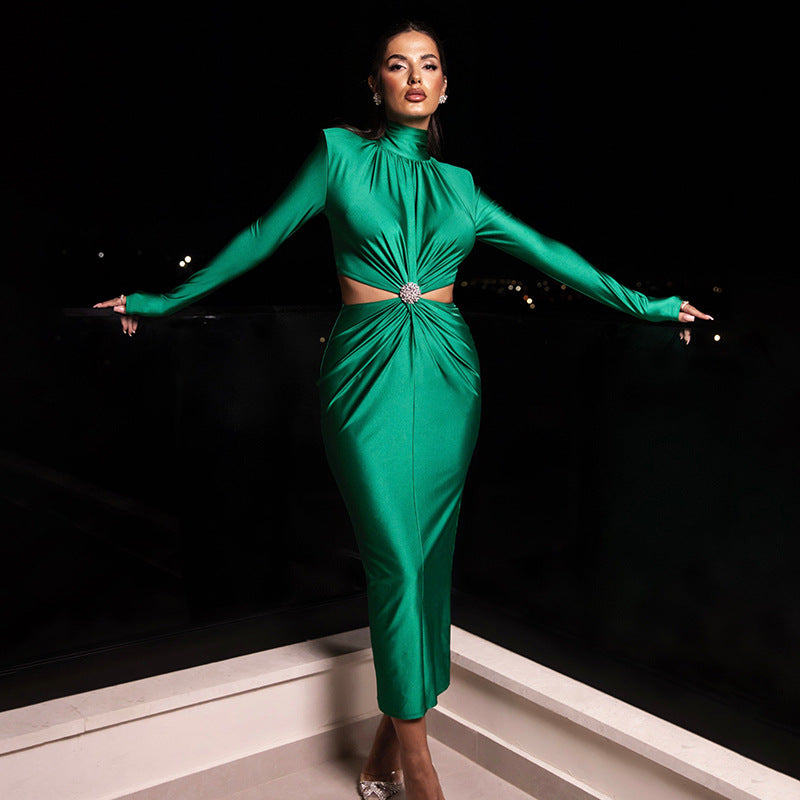 High Collar Cut Out  Long Sleeve Midi Dress