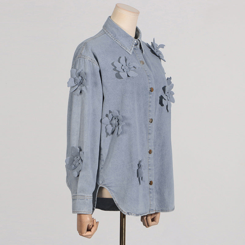 3D Cut Out Floral Denim Button Up