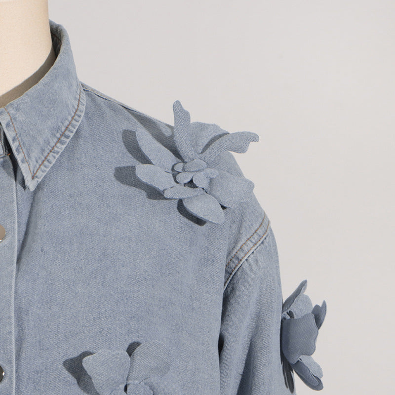 3D Cut Out Floral Denim Button Up