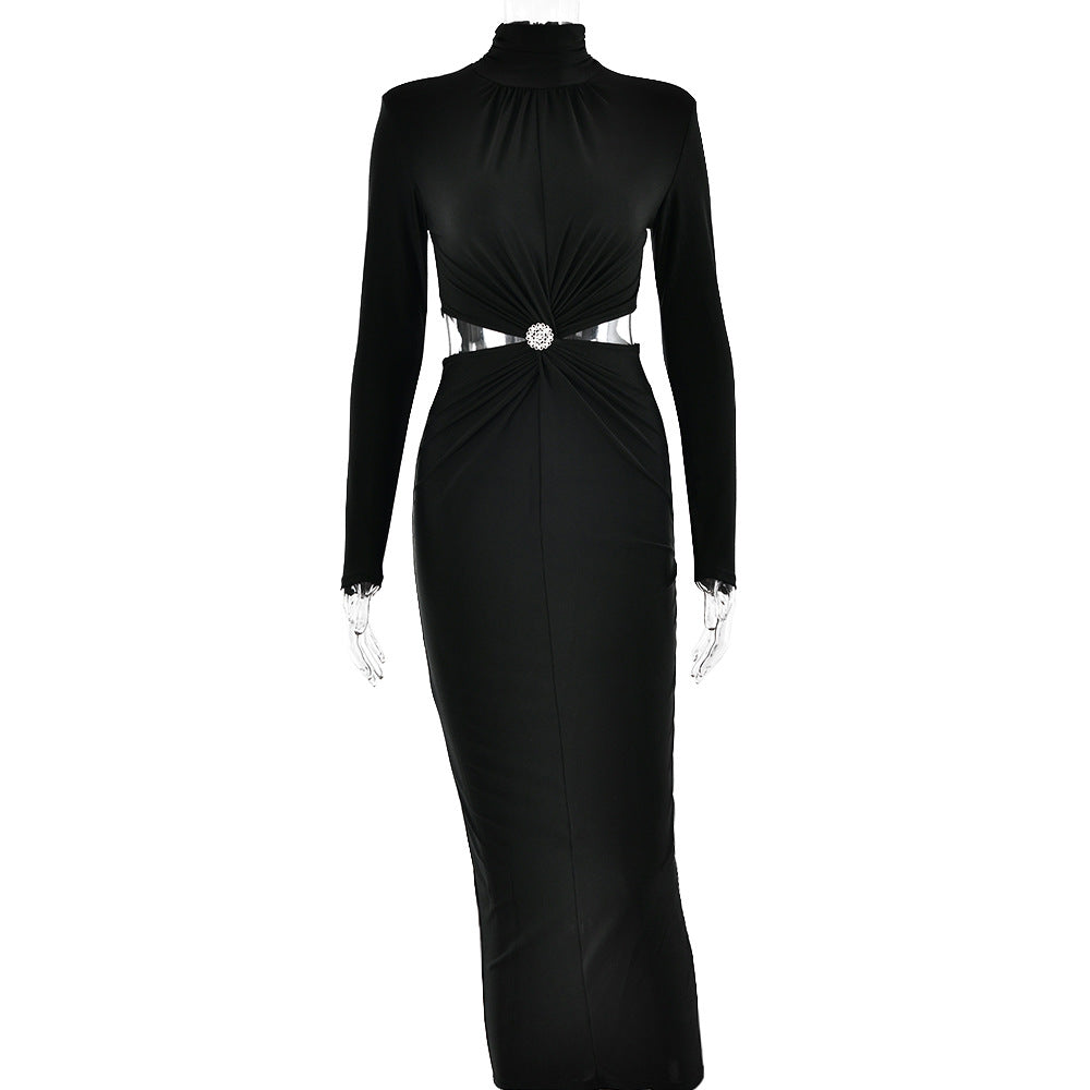 High Collar Cut Out  Long Sleeve Midi Dress