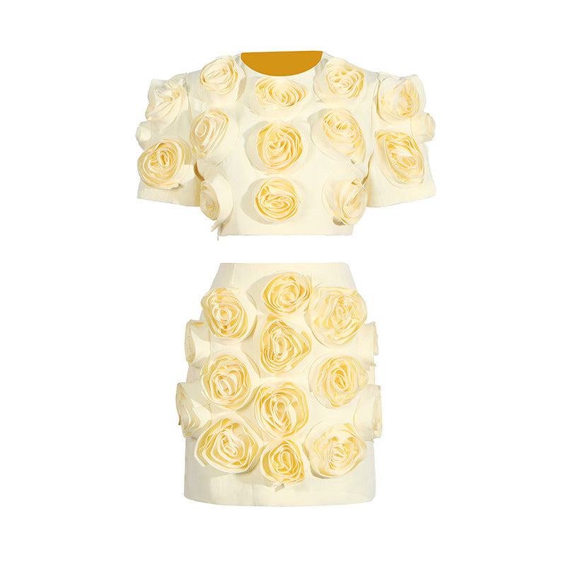 2pc 3D Floral Puff Sleeve Top High Waist Skirt Set