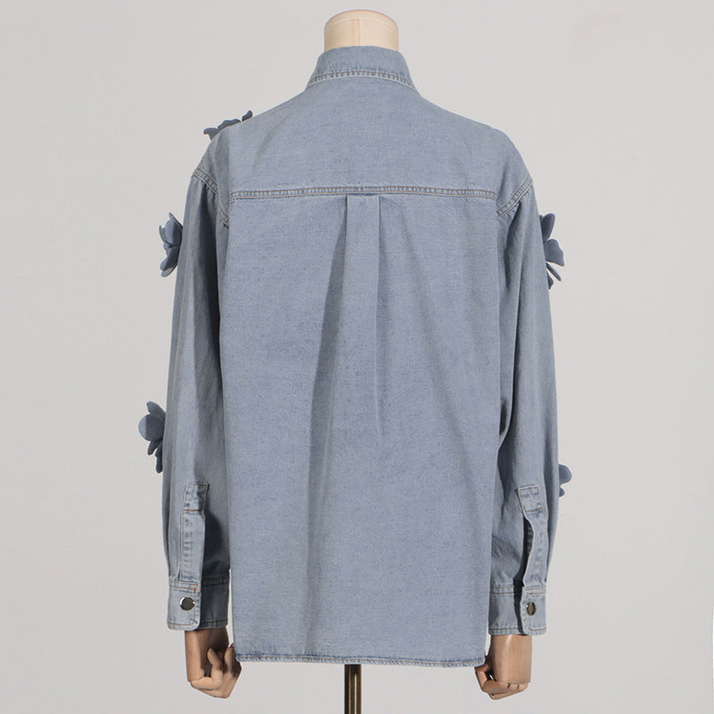3D Cut Out Floral Denim Button Up