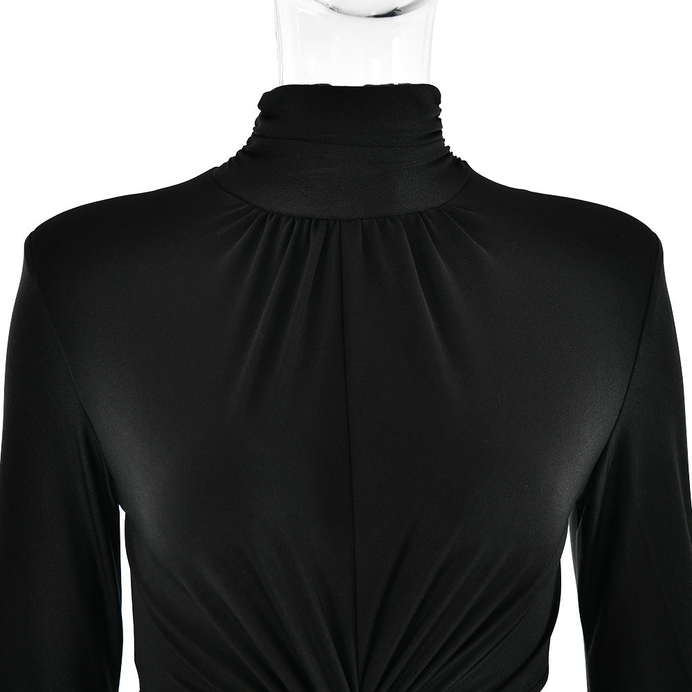High Collar Cut Out  Long Sleeve Midi Dress