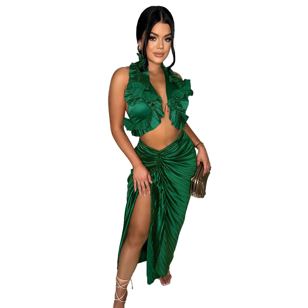 Ruffle Pleated High Slit Maxi Skirt Set