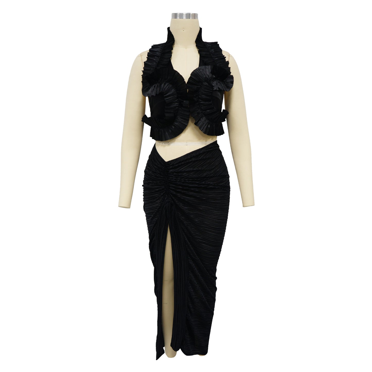 Ruffle Pleated High Slit Maxi Skirt Set