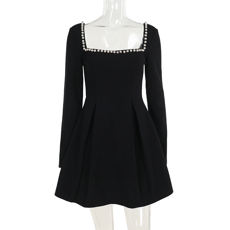 Pearl Trim Square Neck Long Sleeve Dress