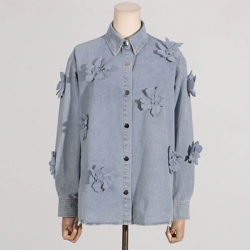 3D Cut Out Floral Denim Button Up