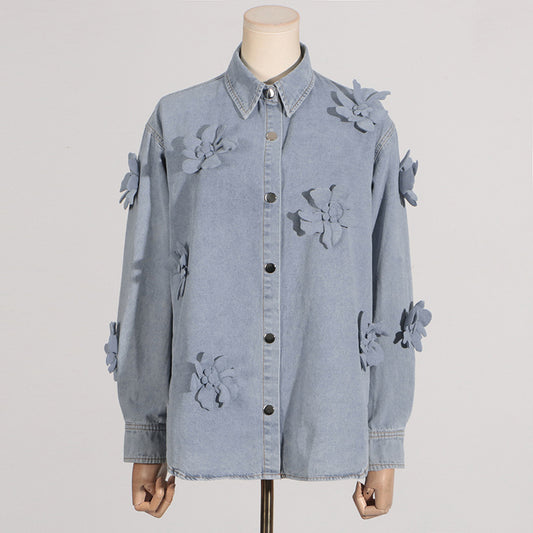 3D Cut Out Floral Denim Button Up