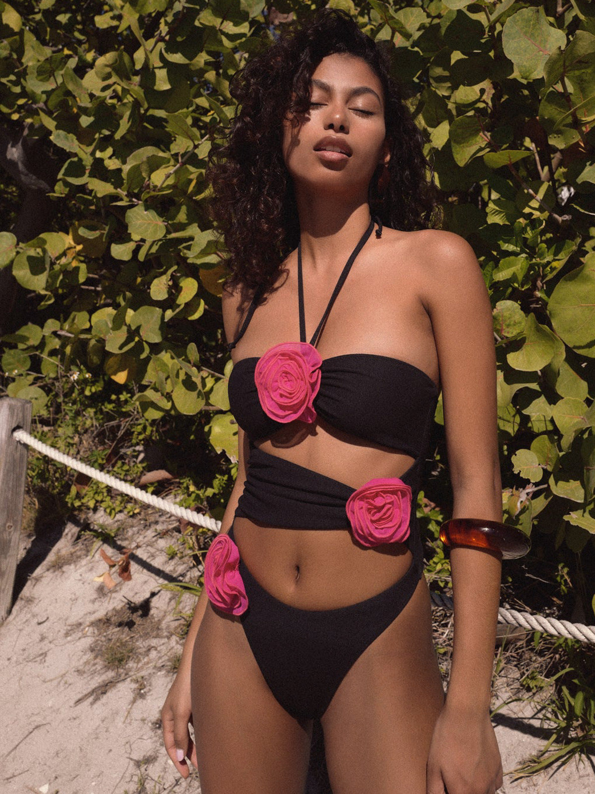 3D Flower One Piece Halter Swimsuit