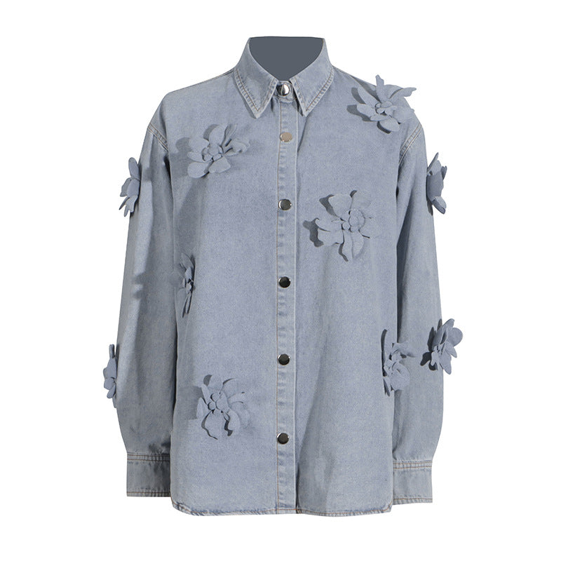 3D Cut Out Floral Denim Button Up
