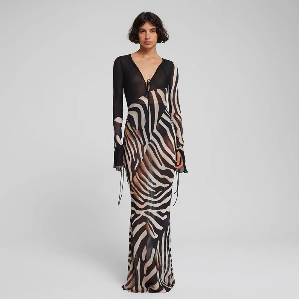 2 Tone Leopard Print Chiffon Long Sleeve Dress