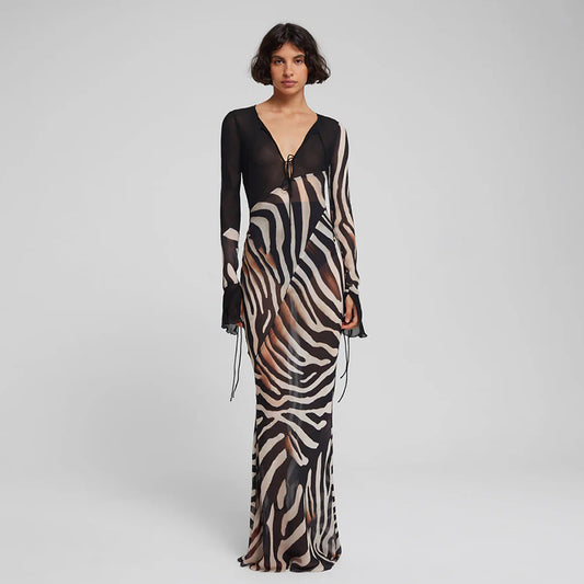 2 Tone Leopard Print Chiffon Long Sleeve Dress