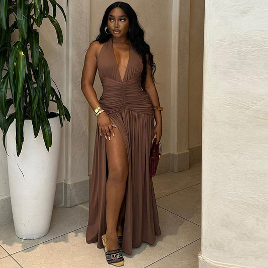 Deep V Plunge Neck Ruched High Slit Maxi Dress
