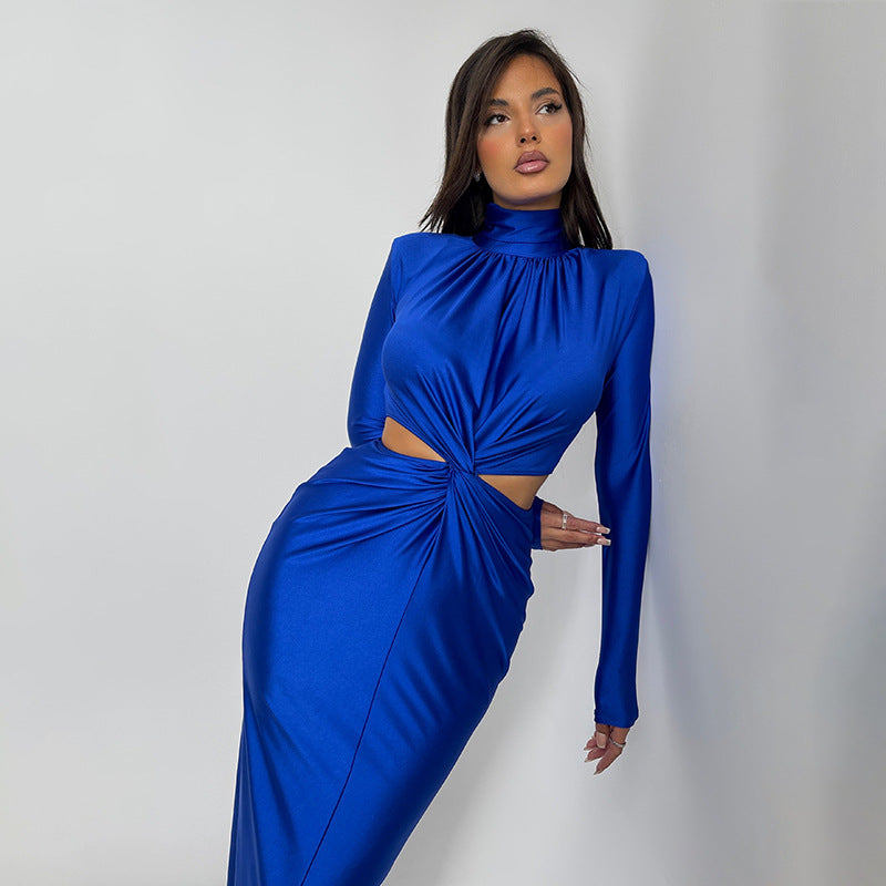 High Collar Cut Out  Long Sleeve Midi Dress