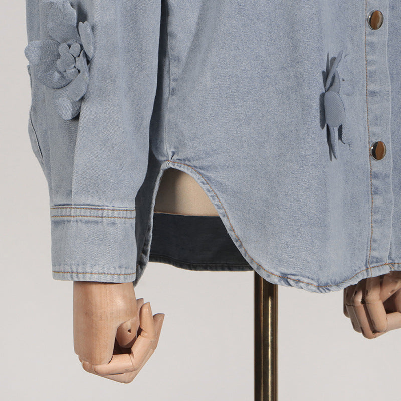 3D Cut Out Floral Denim Button Up