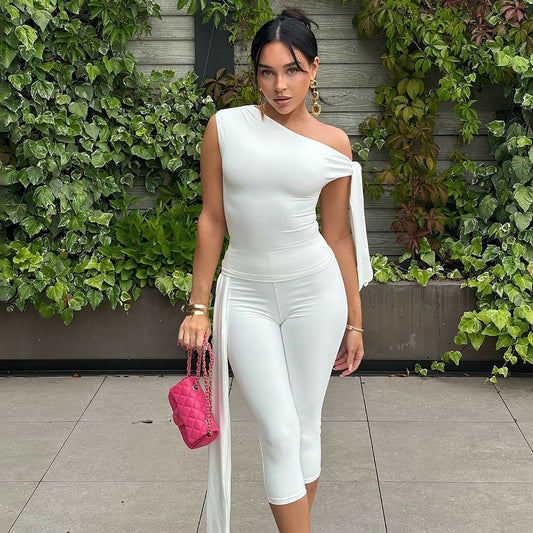 Off Shoulder Side Tie Capri Legging Set