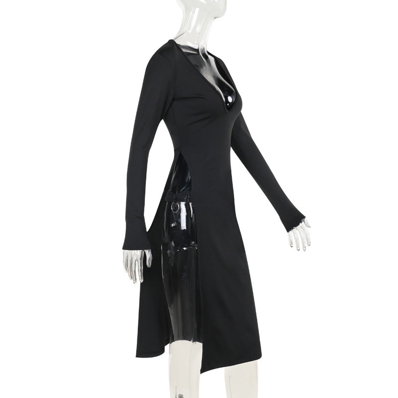 Long Sleeve V Neck High Slit Dress