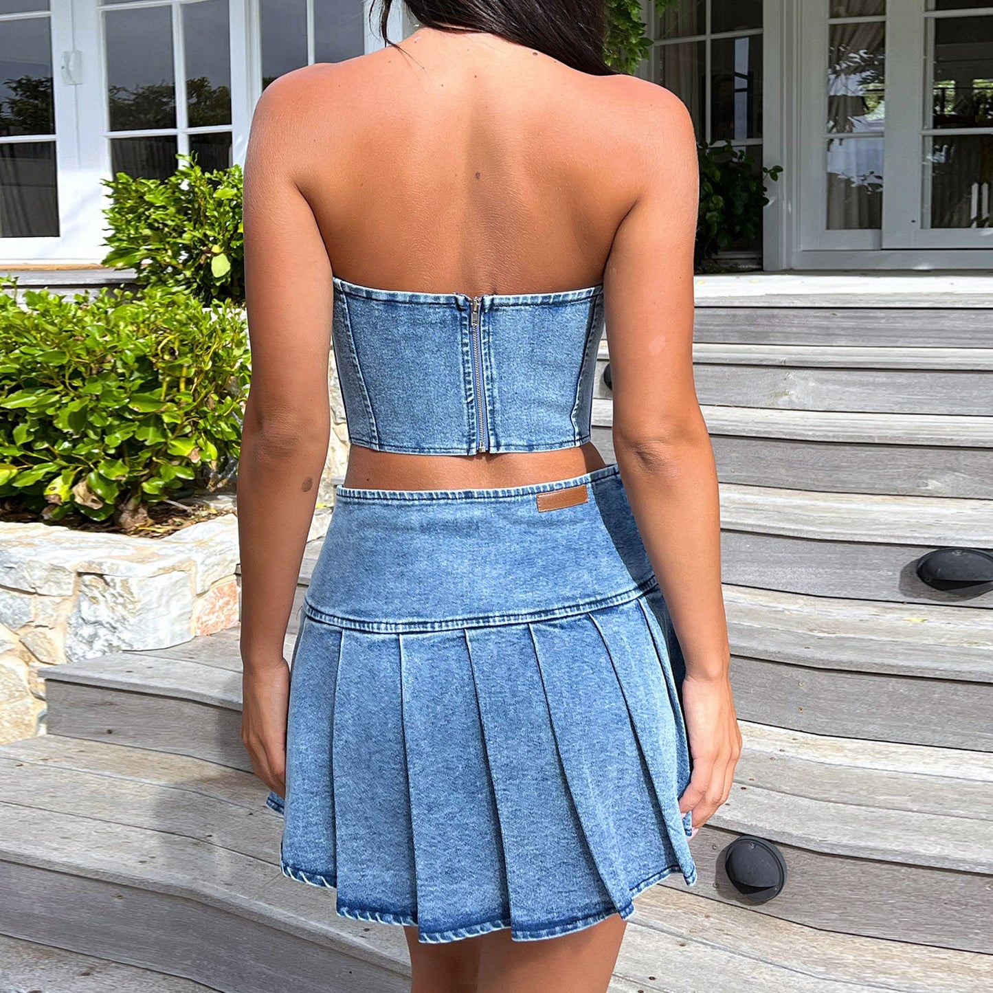2pc Stretch Denim Corset Pleated Skirt Set