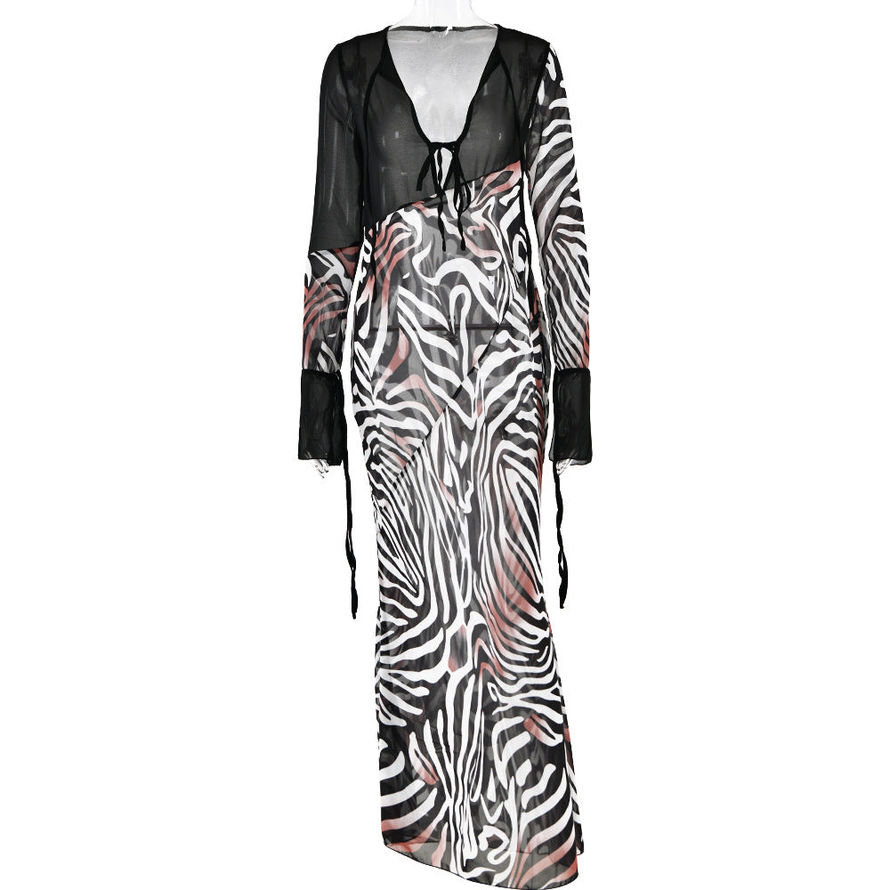 2 Tone Leopard Print Chiffon Long Sleeve Dress