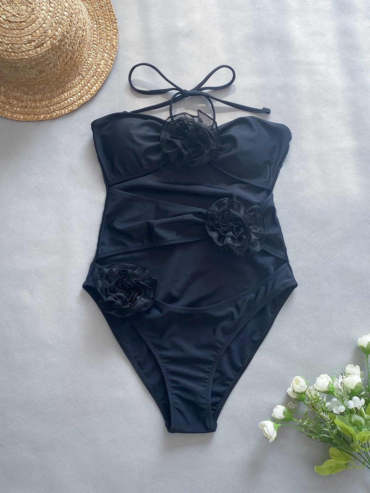 3D Flower One Piece Halter Swimsuit
