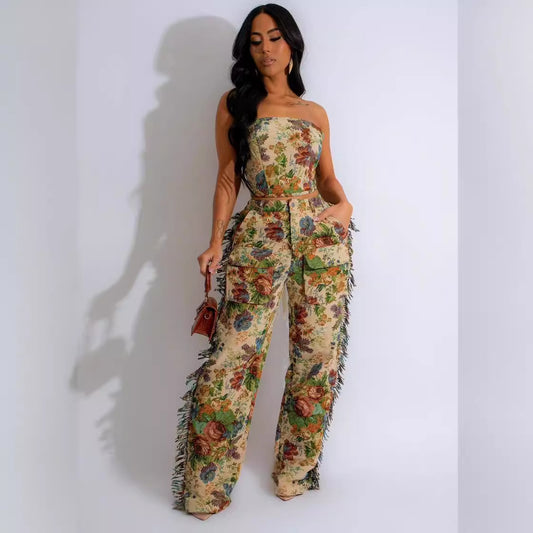 Jacquard Fringe Lace Up Corset Set