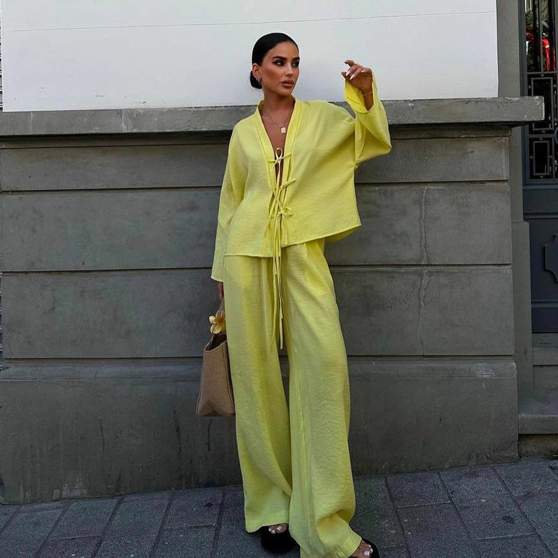 2pc Front Tie Long Sleeve Pant Set