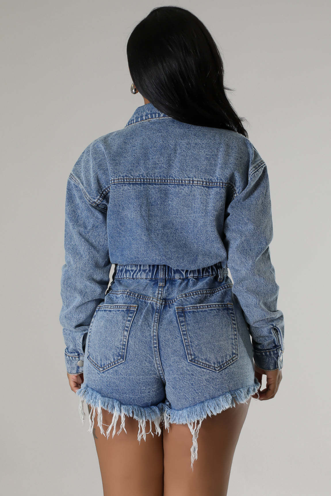Stretch Denim Long Sleeve Jumpsuit