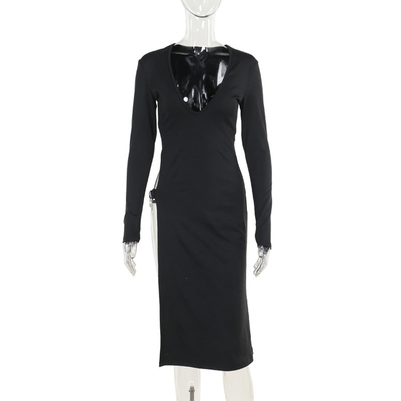 Long Sleeve V Neck High Slit Dress